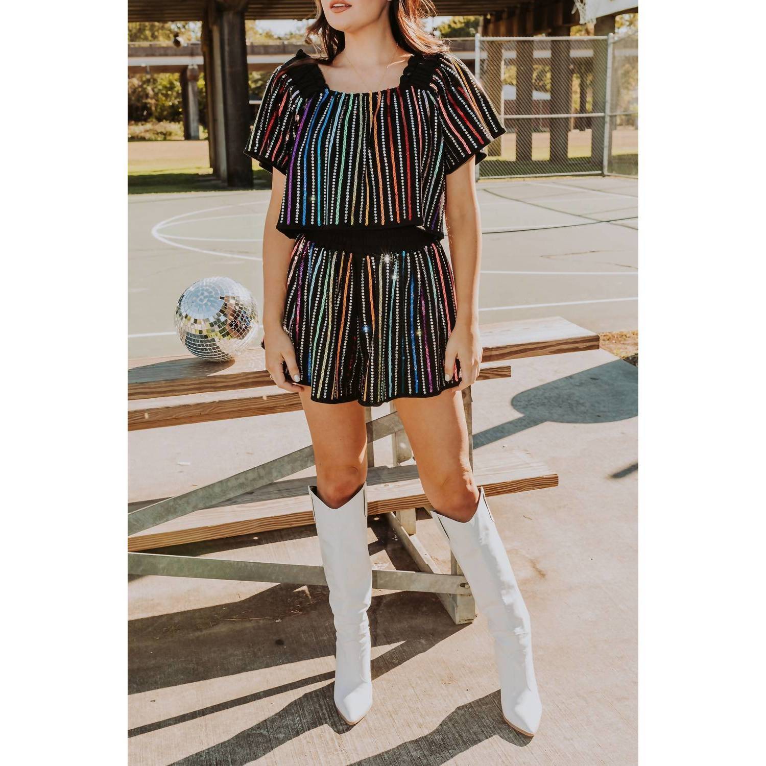 New Queen Of Sparkles Sequin Rhinestone Stripe Flutter Top In Black